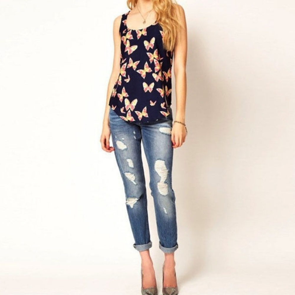 Blue Butterfly Sleeveless Blouse Tank Top
